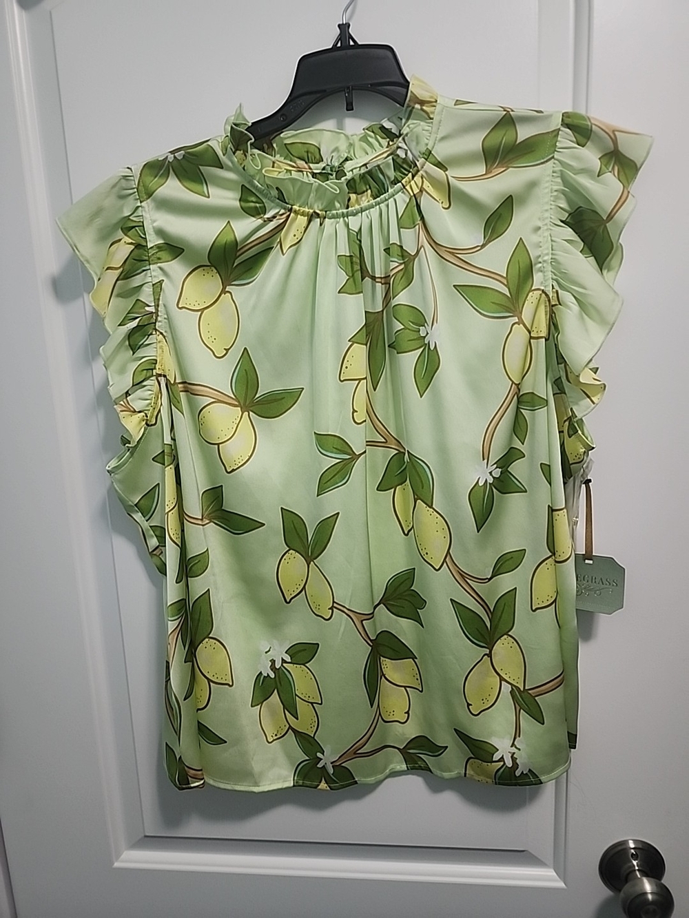 Ryegrass Light Green Lemon-Print Ruffle Sleeve Blouse